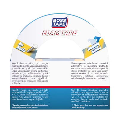 BOSS TAPE MONTAJ BANDI ÇİFT TARAFLI KÖPÜK BEYAZ 15 KG 18 MM x 10M BLS. BT-01015
