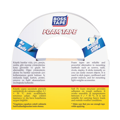 BOSS TAPE MONTAJ BANDI ÇİFT TARAFLI KÖPÜK BEYAZ 5 KG 48 MM x 10M BLS. BT-01014