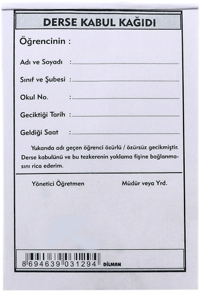 DİLMAN DERSE KABUL KAĞIDI 100 LÜ 3129