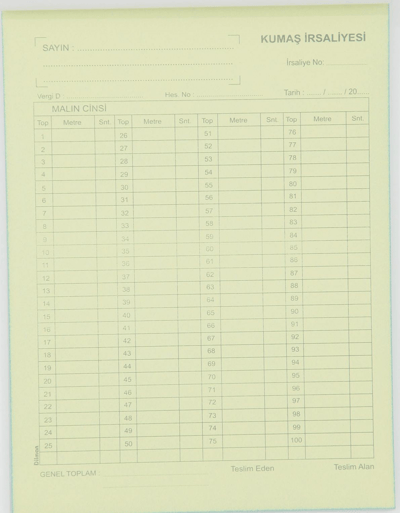 DİLMAN KUMAŞ İRSALİYESİ 2/50 2 NÜSHA 4127