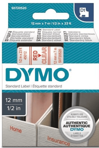 DYMO ŞERİT D1 12MM x 7MT ŞEFFAF/KIRMIZI 720520 45012