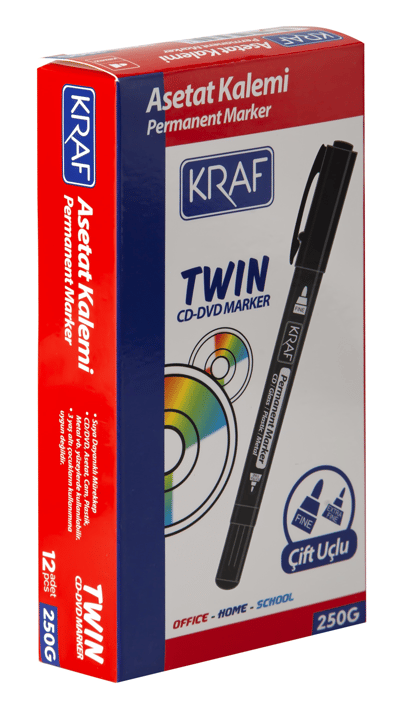 KRAF ASETAT KALEMİ TWIN ÇİFT UÇLU 250 SİYAH