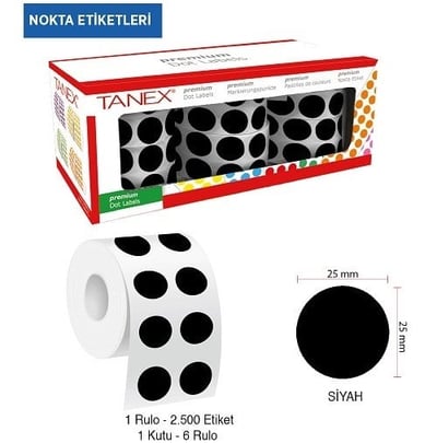 Tanex Nokta Etiketi 25 Mm 2500 Lü Siyah Tekli Kutu