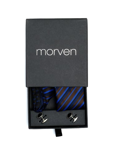 Morven Erkek Kahverengi - Lacivert Hediyelik Kravat Kol Düğmesi Mendil Seti