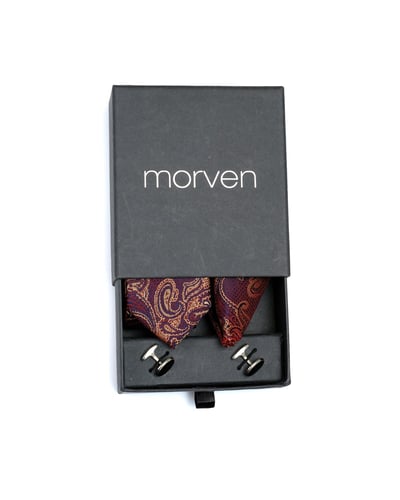 Morven Erkek Koyu Bordo Hediyelik Kravat Kol Düğmesi Mendil Seti