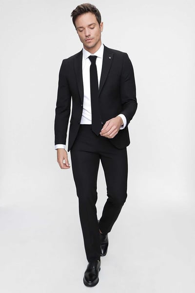 Erkek Siyah Basic Düz Slim Fit 3lü Takım Elbise Slim Fit Gömlek Düz Kravat