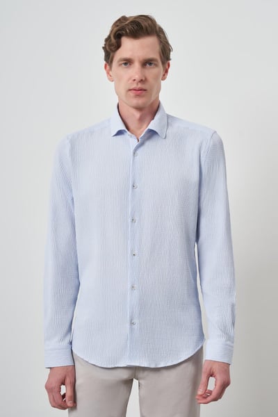 Morven Erkek A. MAVİ Gofre Trend Desenli Dynamic Fit İtalyan Yaka Gömlek