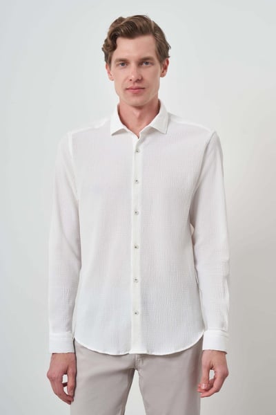 Morven Erkek Beyaz Gofre Trend Desenli Dynamic Fit İtalyan Yaka Gömlek