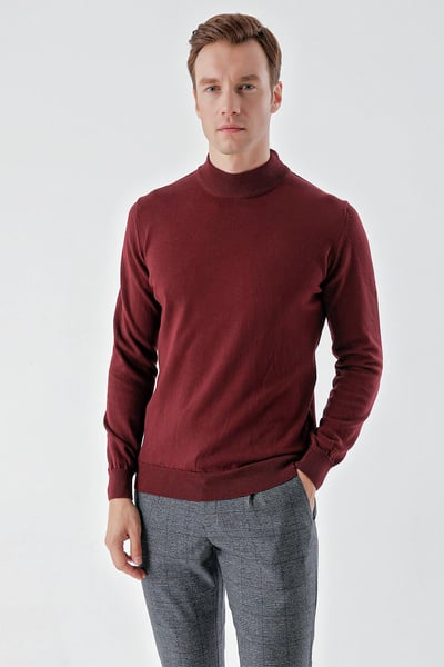 Morven Erkek Koyu Bordo Basic Yarım Balıkçı Yaka Dynamic Fit Rahat Kesim Triko