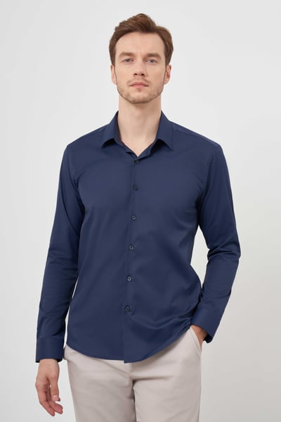 Morven Erkek Lacivert Pamuk Düz Desen İtalyan Yaka Slim Fit  Gömlek