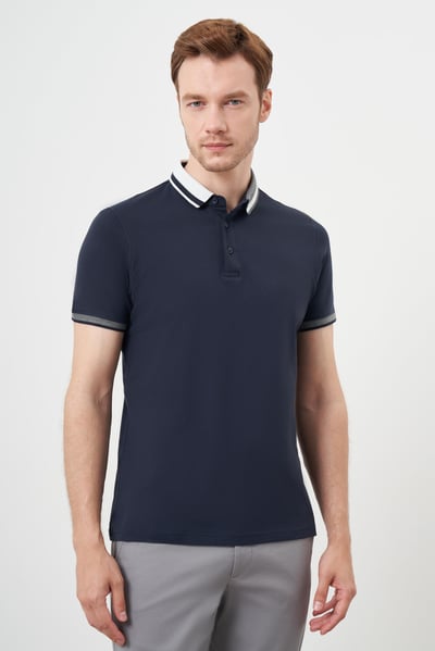 Morven Erkek Lacivert Trend Compact Pike Düz Desen Düğmeli Yaka Dynamic Fit T-Shirt