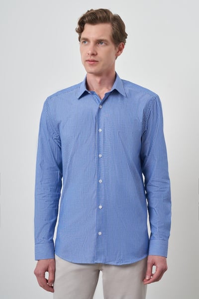 Morven Erkek Mavi Pamuk Trend Slim Fit Sert Yaka Gömlek
