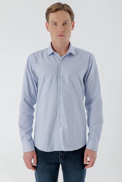 Morven Erkek Mavi Trend Baskılı Desenli İtalyan Yaka Slim Fit Gömlek