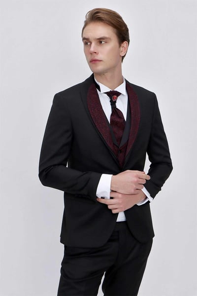 Morven Erkek Siyah Santos Çıkma Yaka Slim Fit  Damatlık
