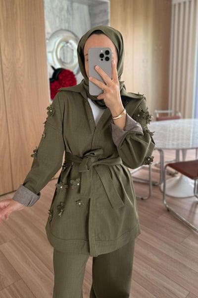 3 Boyutlu Çiçek Detay Kot Takım - Haki