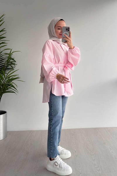 Balon Kol Çizgili Gömlek - Pembe