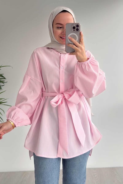 Balon Kol Çizgili Gömlek - Pembe