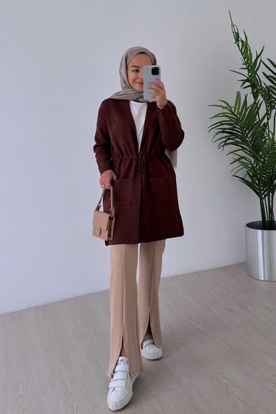 Belden Bağlamalı Çift Cep Merserize Hırka - Kahverengi
