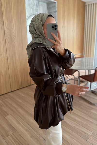 Beli Büzgülü Deri Ceket - Kahverengi