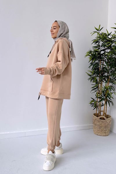 Bileği Lastikli 3 İplik Eşofman Takımı - Camel