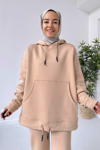 Bileği Lastikli 3 İplik Eşofman Takımı - Camel