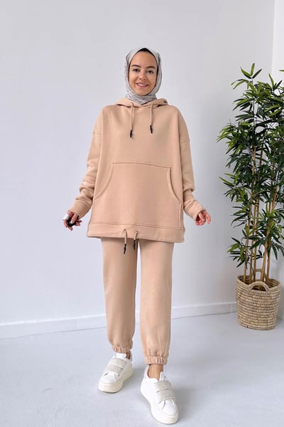 Bileği Lastikli 3 İplik Eşofman Takımı - Camel