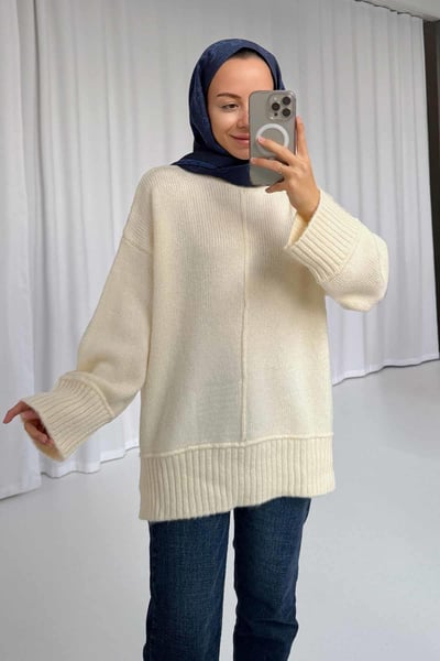 Bisiklet Yaka Düşük Kol Oversize Kazak - Krem