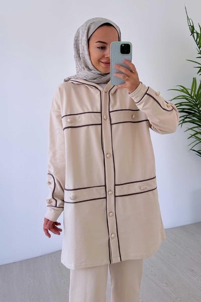 Biyeli Düğme Detay İki İplik Takım - Bej