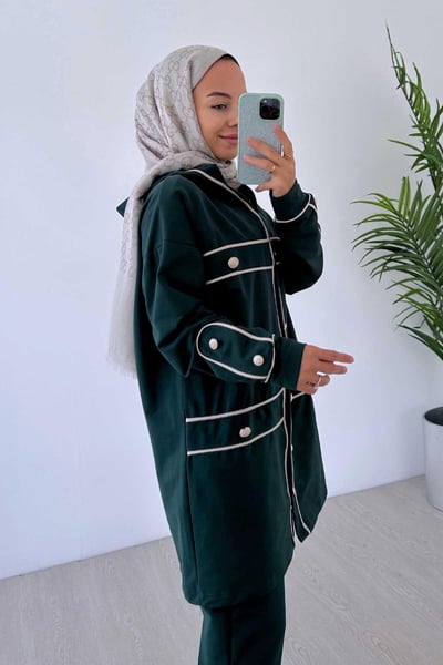 Biyeli Düğme Detay İki İplik Takım - Zümrüt