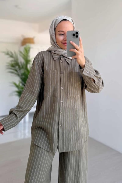 Bol Paça Çizgili Takım - Haki