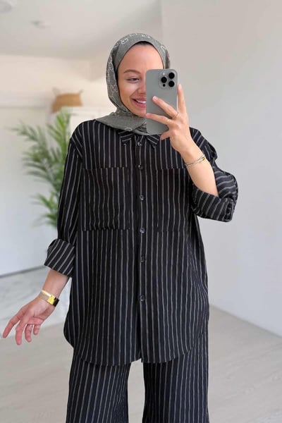 Bol Paça Çizgili Takım - Siyah