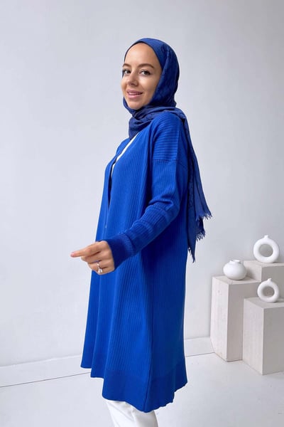 Button Fitilli Merserize Hırka - Saks Mavi