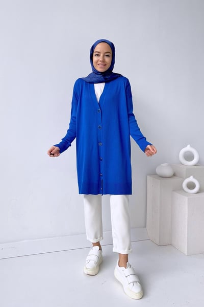 Button Fitilli Merserize Hırka - Saks Mavi