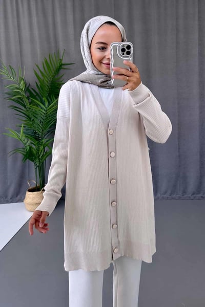 Button Fitilli Merserize Hırka - Taş