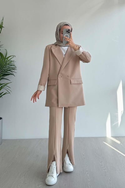 Çift Düğme Astarlı Blazer Ceket - Bej