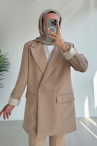Çift Düğme Astarlı Blazer Ceket - Bej