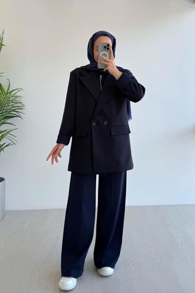Çift Düğme Astarlı Blazer Ceket - Lacivert