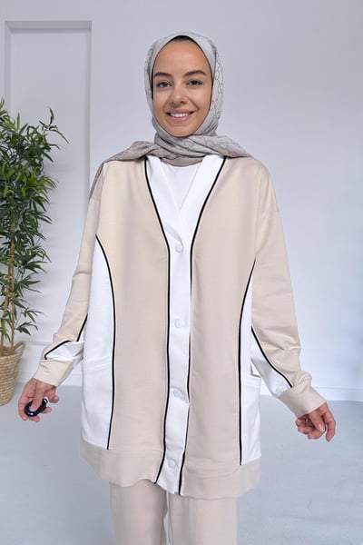Çift Renk Hırkalı İki İplik Takım - Sütlü Kahve