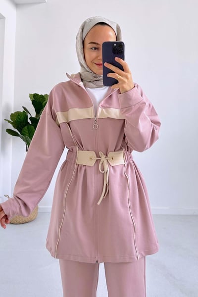 Çizgili Beli Lastikli İki İplik Takım - Pembe