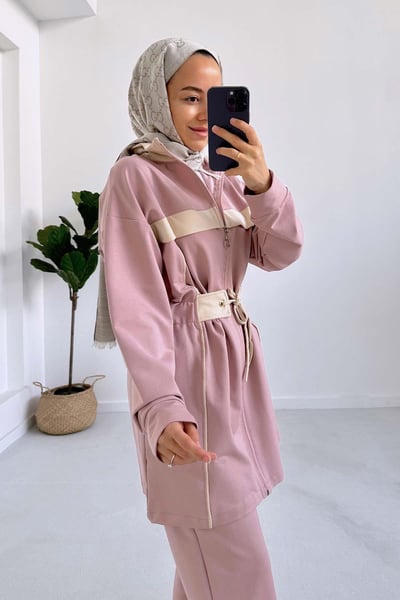 Çizgili Beli Lastikli İki İplik Takım - Pembe