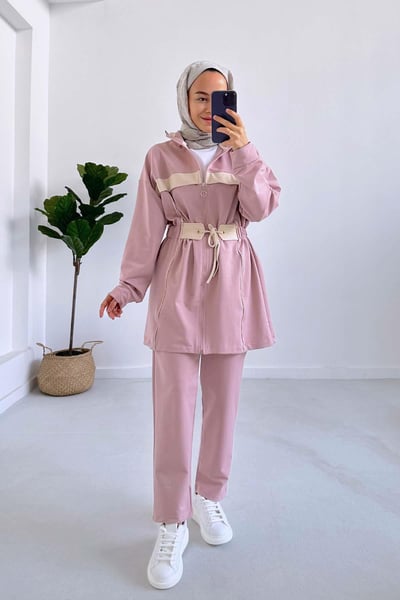 Çizgili Beli Lastikli İki İplik Takım - Pembe