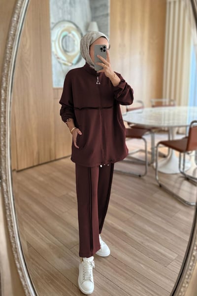 Dikiş Detaylı İkili Modal Takım - Kahverengi