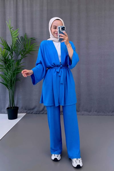 Fakir Kol Kemerli Kimono İkili Takım - Saks Mavi