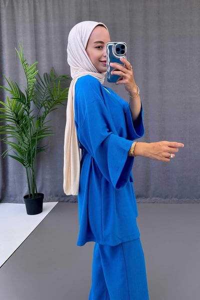 Fakir Kol Kemerli Kimono İkili Takım - Saks Mavi