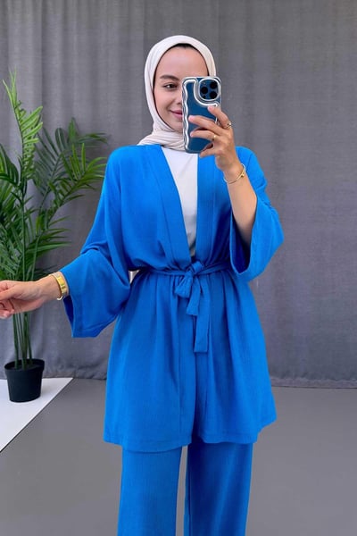 Fakir Kol Kemerli Kimono İkili Takım - Saks Mavi