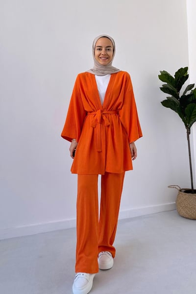 Fakir Kol Kemerli Kimono İkili Takım - Turuncu