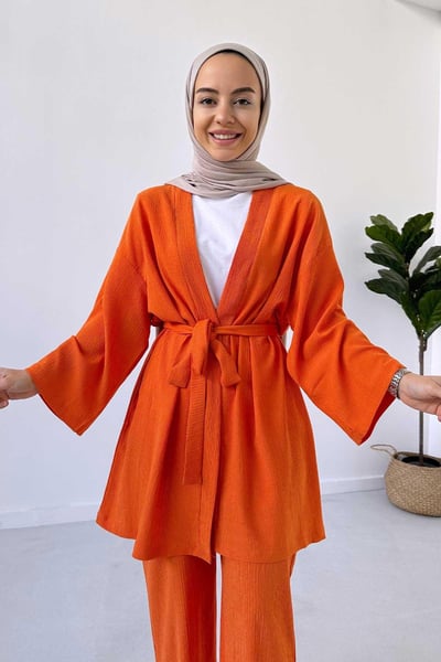 Fakir Kol Kemerli Kimono İkili Takım - Turuncu