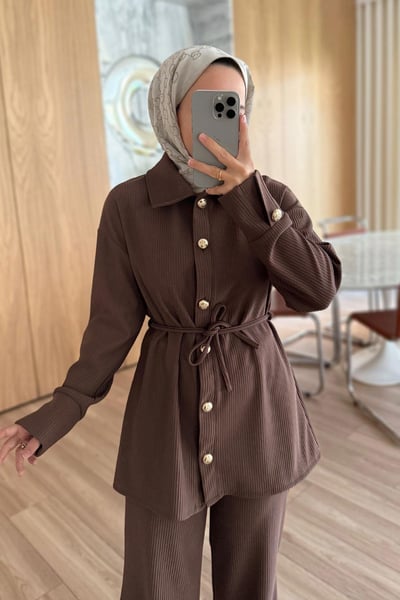 Gold Düğme Detaylı Fitilli Takım - Kahverengi