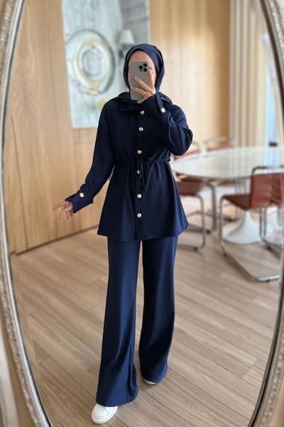 Gold Düğme Detaylı Fitilli Takım - Lacivert