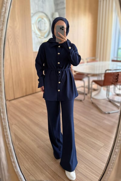 Gold Düğme Detaylı Fitilli Takım - Lacivert